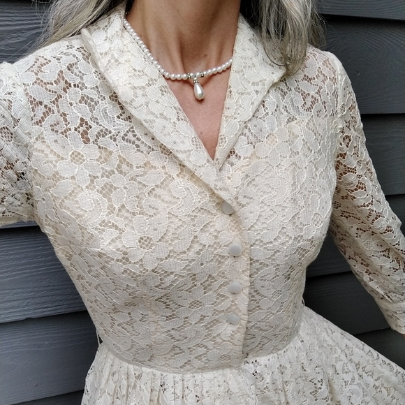 1950's CREAM LACE DRESS 50's shirtwaist S - Picture 3 of 12